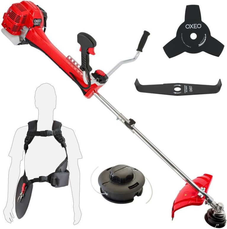 Oxeo Débroussailleuse thermique professionnelle 62 cm³ - 2 temps - 2en1 - Coupe-bordure - Tête double fil - 2 lames - Anti-vibration
